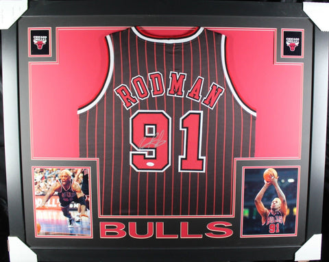 DENNIS RODMAN (Bulls black pin SKYLINE) Signed Autographed Framed Jersey JSA