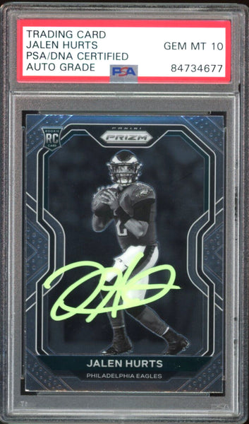 2020 Prizm Variation Jalen Hurts RC On Card Green Ink PSA/DNA Auto GEM MINT 10