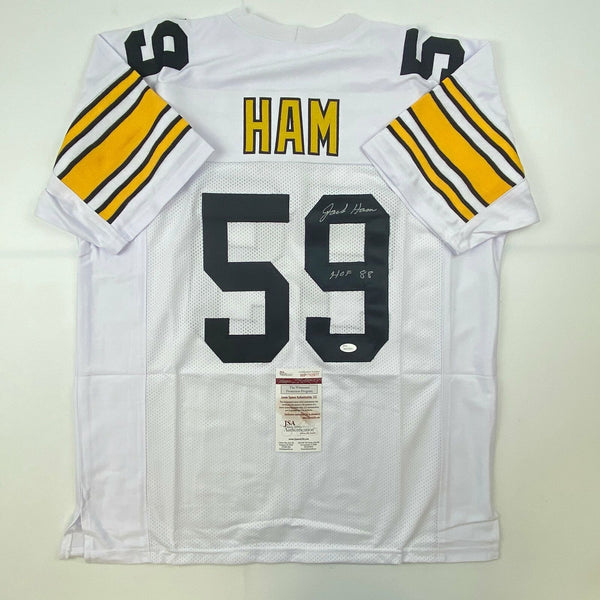 Autographed/Signed JACK HAM HOF 88 Pittsburgh White Football Jersey JSA COA