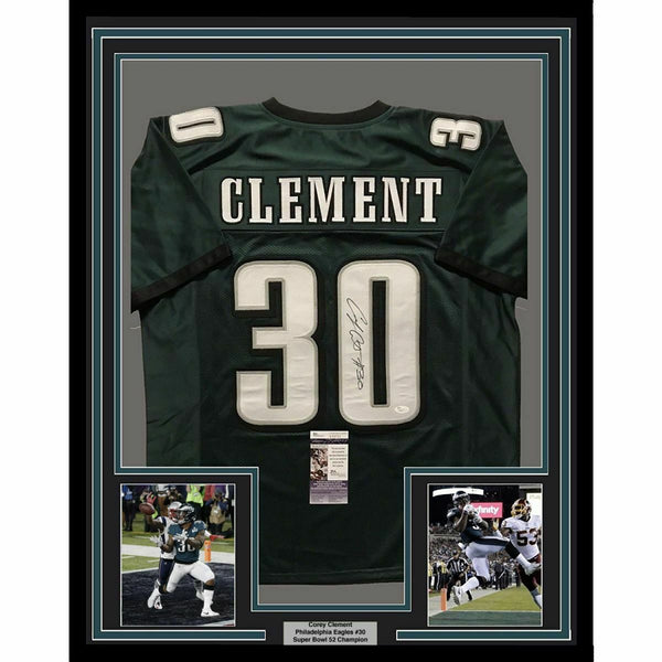 FRAMED Autographed/Signed COREY CLEMENT 33x42 Philadelphia Green Jersey JSA COA