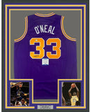 Framed Autographed/Signed Shaquille Shaq O'Neal 35x39 LSU Purple Jersey COA