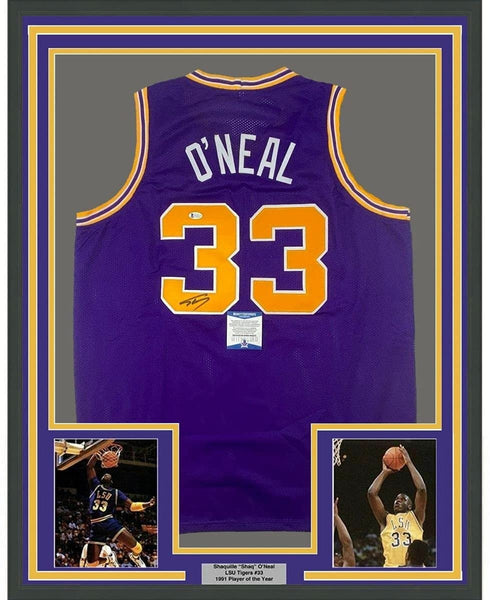Framed Autographed/Signed Shaquille Shaq O'Neal 35x39 LSU Purple Jersey COA