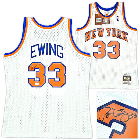 KNICKS PATRICK EWING AUTOGRAPHED WHITE M&N 1985-86 HWC JERSEY L BECKETT 214820