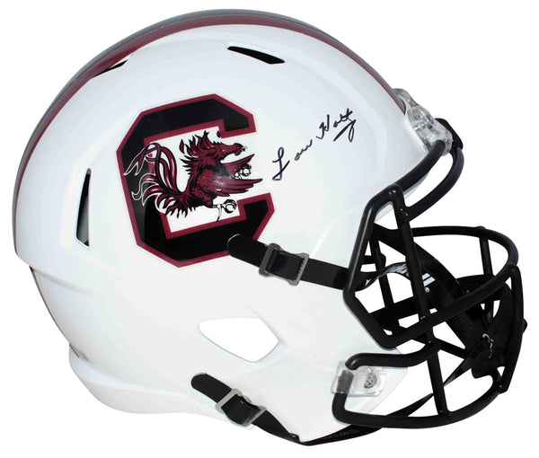 LOU HOLTZ SIGNED SOUTH CAROLINA GAMECOCKS WHITE FULL SIZE SPEED HELMET BECKETT