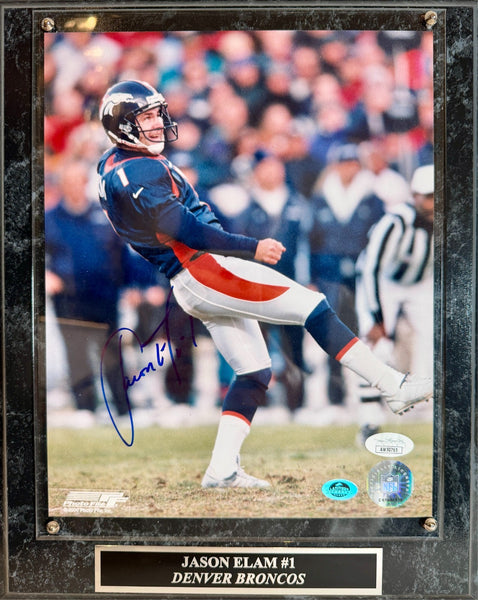 Jason Elam Autographed 8x10 Photo with Plaque -- Denver Broncos | JSA COA