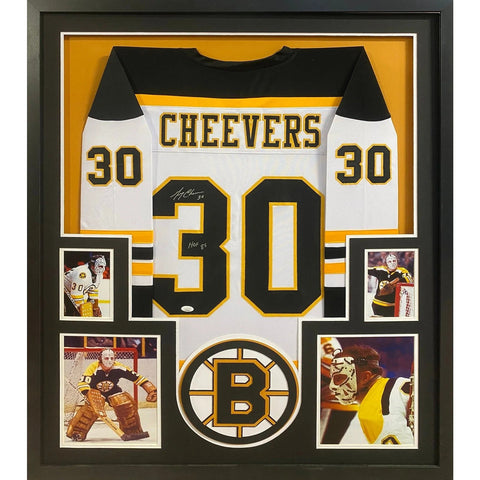 Gerry Cheevers Autographed Signed Framed Black Boston Bruins Jersey JSA