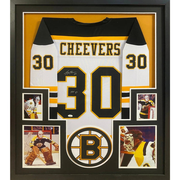 Gerry Cheevers Autographed Signed Framed Black Boston Bruins Jersey JSA