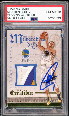 2015-16 Panini Excalibur Jersey Patch /15 Stephen Curry PSA/DNA Auto GEM MINT 10