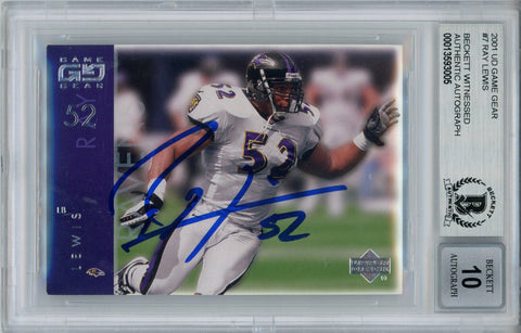 Ray Lewis Signed 2001 Upper Deck Game Gear #7 Trading Card BAS 10 Slab 35241