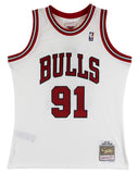 Bulls Dennis Rodman "HOF 2011" Signed White M&N HWC Swingman Jersey BAS Witness