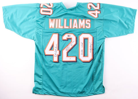Share Ricky Williams Signed Dolphins 420 Jersey 2xInscr. (JSA) See description