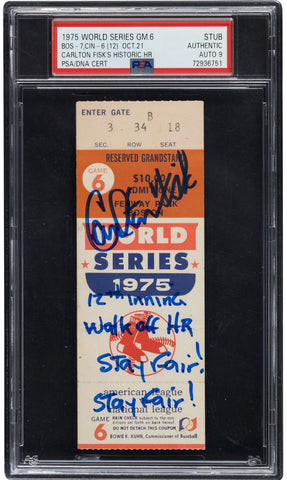 Red Sox Carlton Fisk Signed 1975 WS Game 6 Ticket Stub Auto 9 PSA/DNA Slabbed