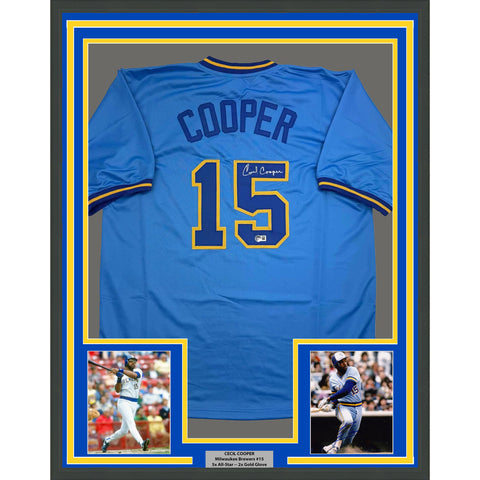 Framed Autographed/Signed Cecil Cooper 35x39 Milwaukee Blue Jersey Beckett COA
