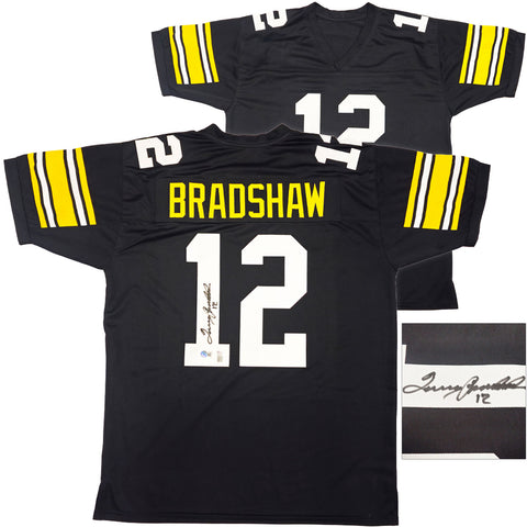 PITTSBURGH STEELERS TERRY BRADSHAW AUTOGRAPHED BLACK JERSEY BECKETT QR 232816