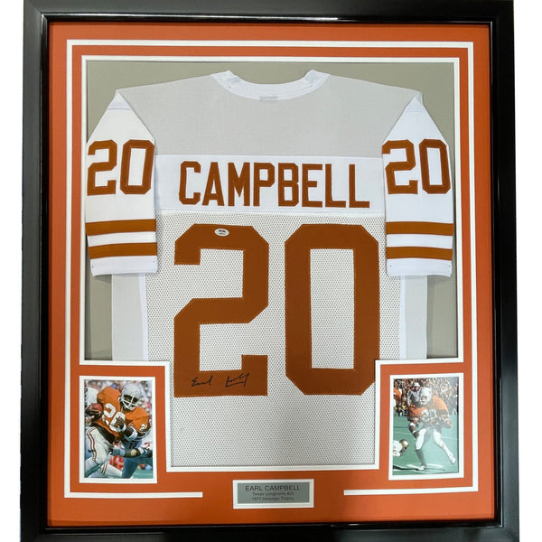 FRAMED Autographed/Signed EARL CAMPBELL 35x39 Texas White Jersey JSA COA