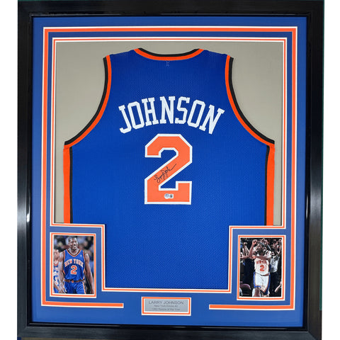 FRAMED Autographed/Signed LARRY JOHNSON 35x39 New York Blue Jersey PSA COA