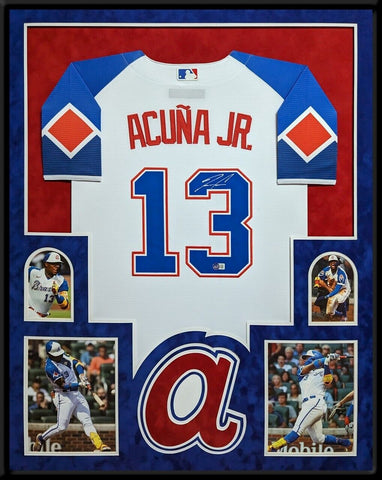 FRAMED IN SUEDE ATLANTA BRAVES RONALD ACUNA JR AUTOGRAPHED JERSEY BECKETT HOLO