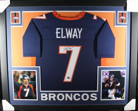 John Elway Autographed/Signed Pro Style Framed Blue XL Jersey Beckett 40133