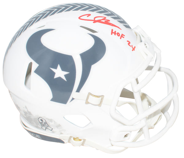 ANDRE JOHNSON SIGNED HOUSTON TEXANS SALUTE TO SERVICE MINI HELMET W/ HOF 24