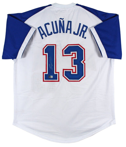 Ronald Acuna Jr. Signed White TB Pro Style Jersey w/ Blue Numbers BAS Witnessed