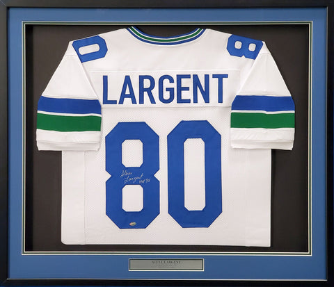 SEAHAWKS STEVE LARGENT AUTOGRAPHED FRAMED WHITE JERSEY "HOF 95" MCS HOLO 200436