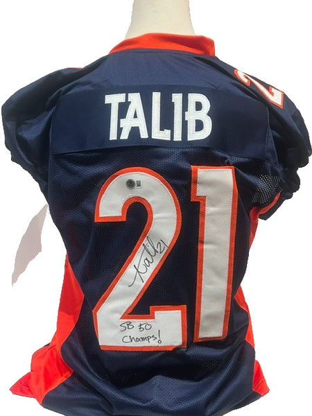 Aqib Talib Autographed Navy Broncos Jersey Inscribed "SB 50 Champs" BAS COA