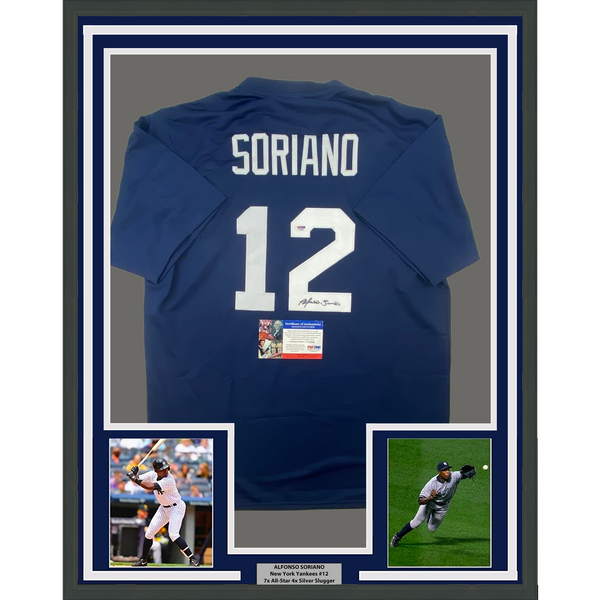 Framed Autographed/Signed Alfonso Soriano 33x42 New York Blue Jersey PSA/DNA COA