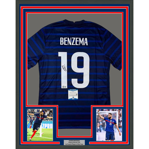 Framed Autographed/Signed Karim Benzema 33x42 France French Blue Jersey BAS COA