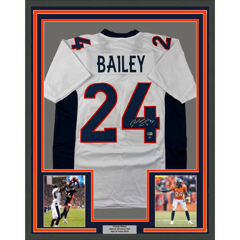 Framed Autographed/Signed Champ Bailey 33x42 Denver White Jersey Beckett BAS COA