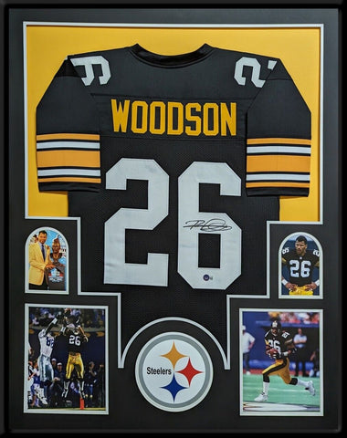 FRAMED PITTSBURGH STEELERS ROD WOODSON AUTOGRAPHED SIGNED JERSEY BECKETT HOLO