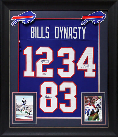 Jim Kelly, Thurman Thomas & Andre Reed Signed Blue Pro Style Framed Jersey BAS W