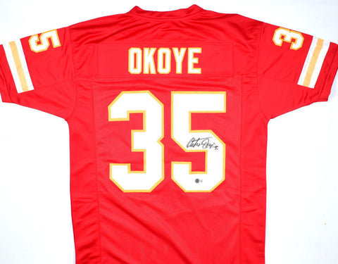 Christian Okoye Autographed Red Pro Style Jersey - Beckett W Hologram *Black