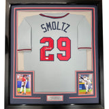 FRAMED Autographed/Signed JOHN SMOLTZ 35x39 Atlanta Grey Jersey JSA COA