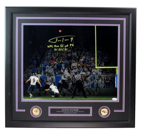 Justin Tucker Autographed/Inscribed 16x20 Photo Ravens Framed JSA 180999