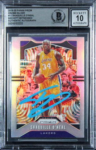 Lakers Shaquille O'Neal Signed 2019 Panini Prizm Silv #11 Card Auto 10 BAS Slab
