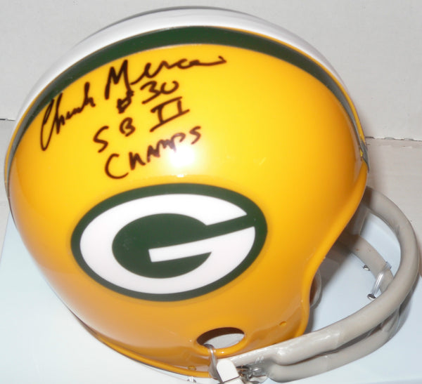 Packers CHUCK MERCEIN Signed 2-Bar Mini Helmet AUTO w/ SB II CHAMPS