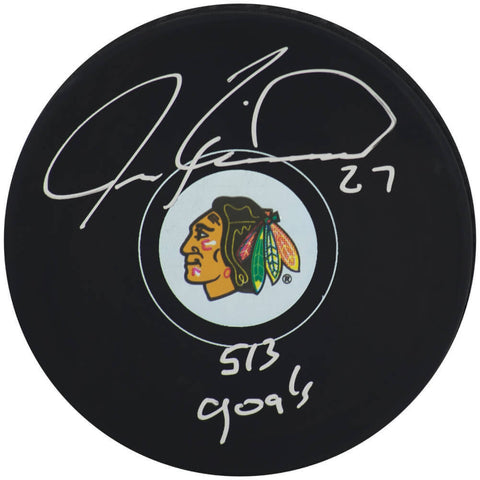 Jeremy Roenick Signed Blackhawks Logo Hockey Puck w/513 Goals -(SCHWARTZ COA)