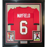 Framed Autographed/Signed Baker Mayfield 35x39 Tampa Red Football Jersey BAS COA