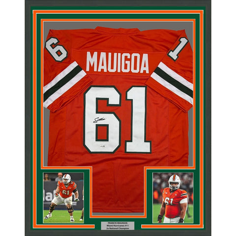Framed Autographed/Signed Francis Mauigoa 35x39 Miami Orange Jersey JSA COA