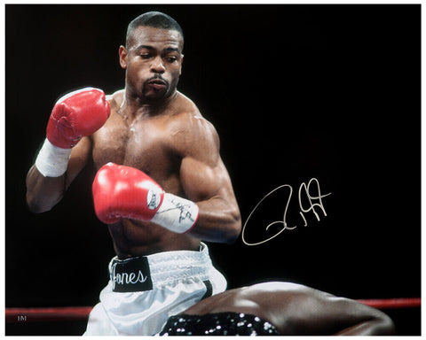 Roy Jones Jr. Signed Boxing White Trunks Action 16x20 Photo - (SCHWARTZ COA)