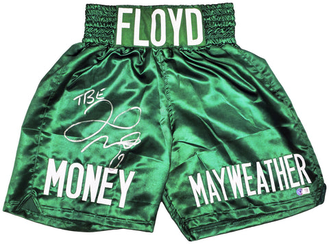 FLOYD MAYWEATHER JR. AUTOGRAPHED GREEN BOXING TRUNKS TBE BECKETT WITNESS 221644