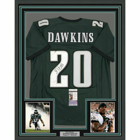 FRAMED Autographed/Signed BRIAN DAWKINS 33x42 Philadelphia Green Jersey JSA COA