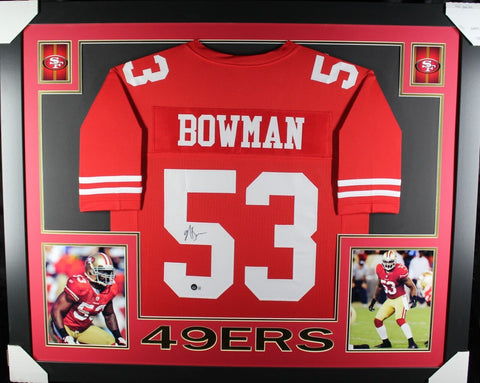 NAVORRO BOWMAN (49ers red SKYLINE) Signed Autographed Framed Jersey Beckett