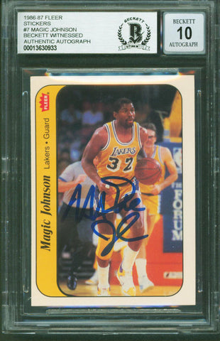 Lakers Magic Johnson Signed 1986 Fleer Stickers #7 Card Auto 10! BAS Slabbed