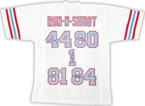 OILERS RUN & SHOOT AUTOGRAPHED WHITE JERSEY WITH 5 SIGS INCL WARREN MOON BECKETT