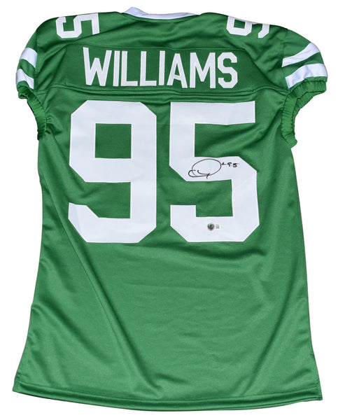 QUINNEN WILLIAMS AUTOGRAPHED NEW YORK JETS #95 GREEN GAME CUT JERSEY BECKETT