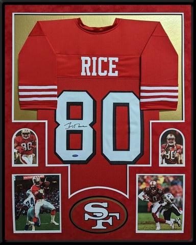 FRAMED IN SUEDE SAN FRANCISCO 49ERS JERRY RICE AUTOGRAPHED JERSEY TRISTAR HOLO