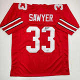 Autographed/Signed Jack Sawyer Ohio State Red College Jersey Beckett BAS COA