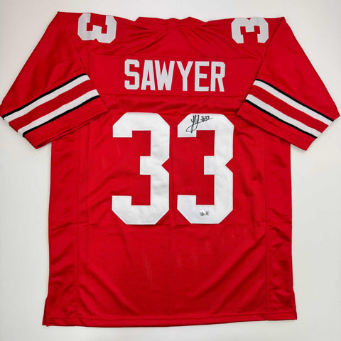 Autographed/Signed Jack Sawyer Ohio State Red College Jersey Beckett BAS COA