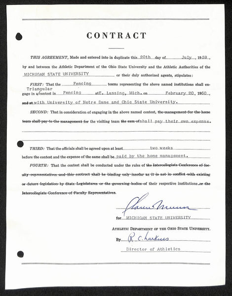 Biggie Munn HOF Michigan State Head Coach Signed/Auto Contract JSA BA199643